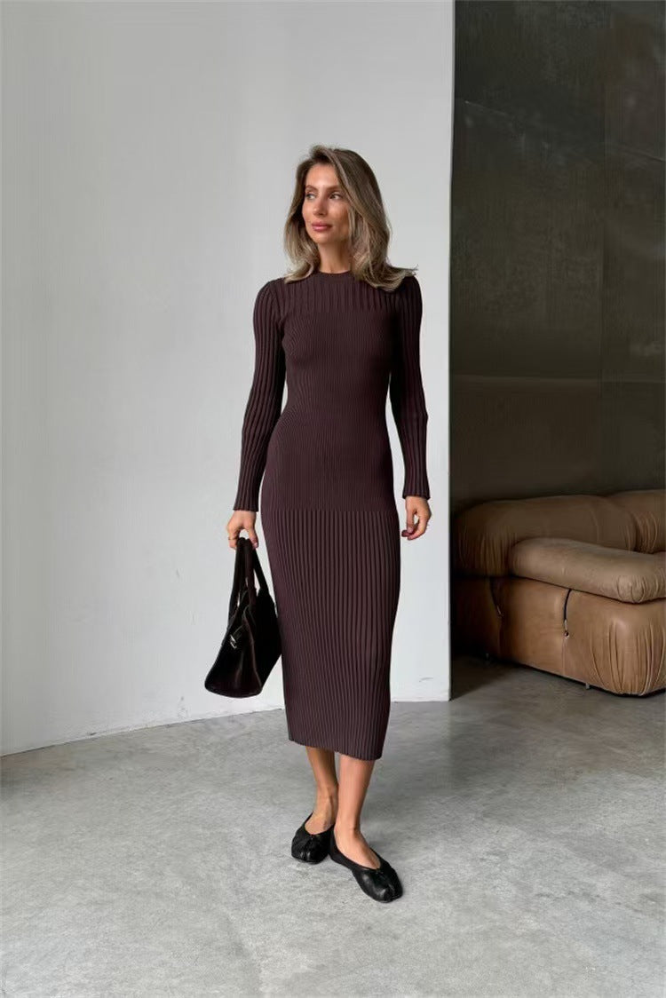 Autumn And Winter Women's Knitted Round Neck Sunken Stripe Pure Color Tight Dress