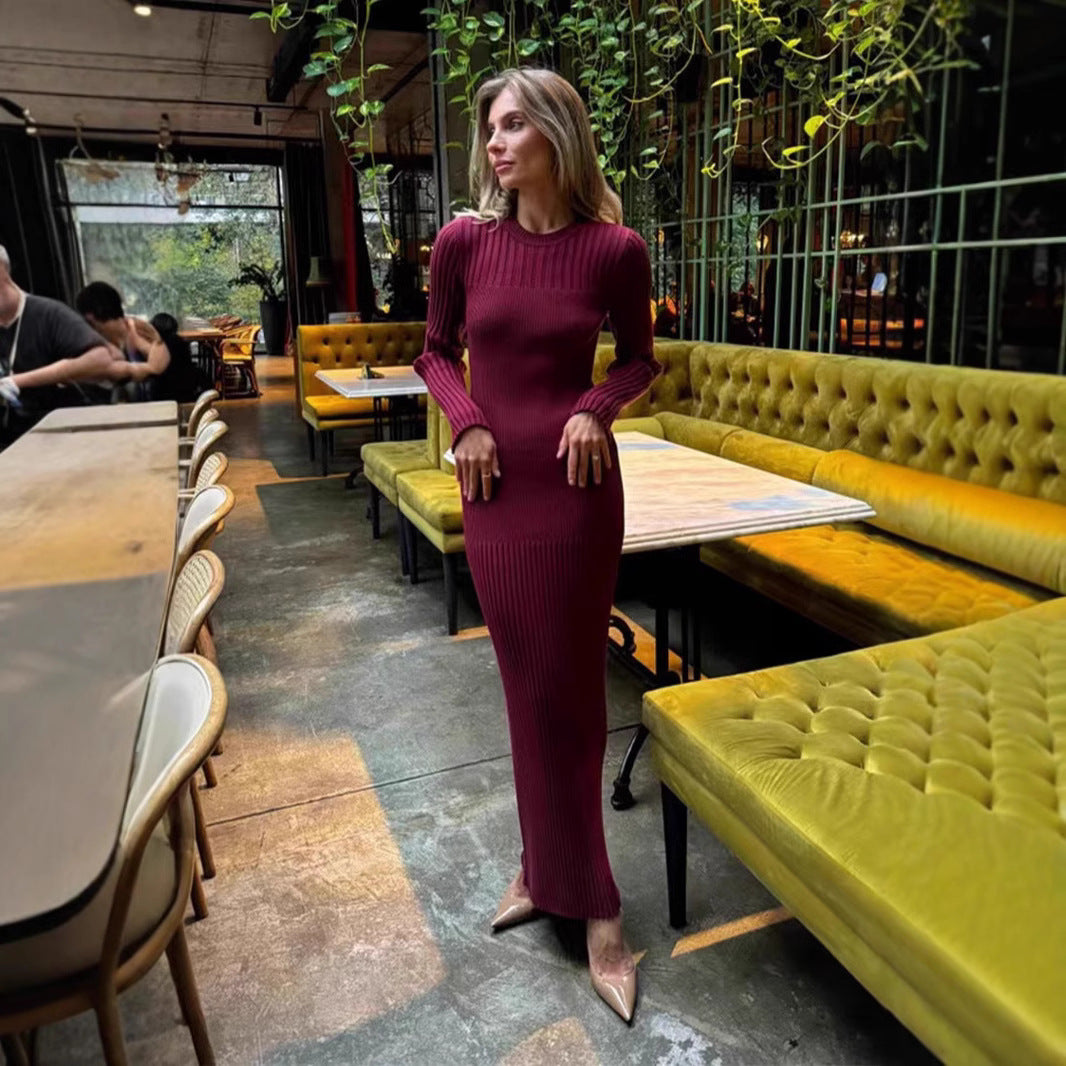 Autumn And Winter Women's Knitted Round Neck Sunken Stripe Pure Color Tight Dress