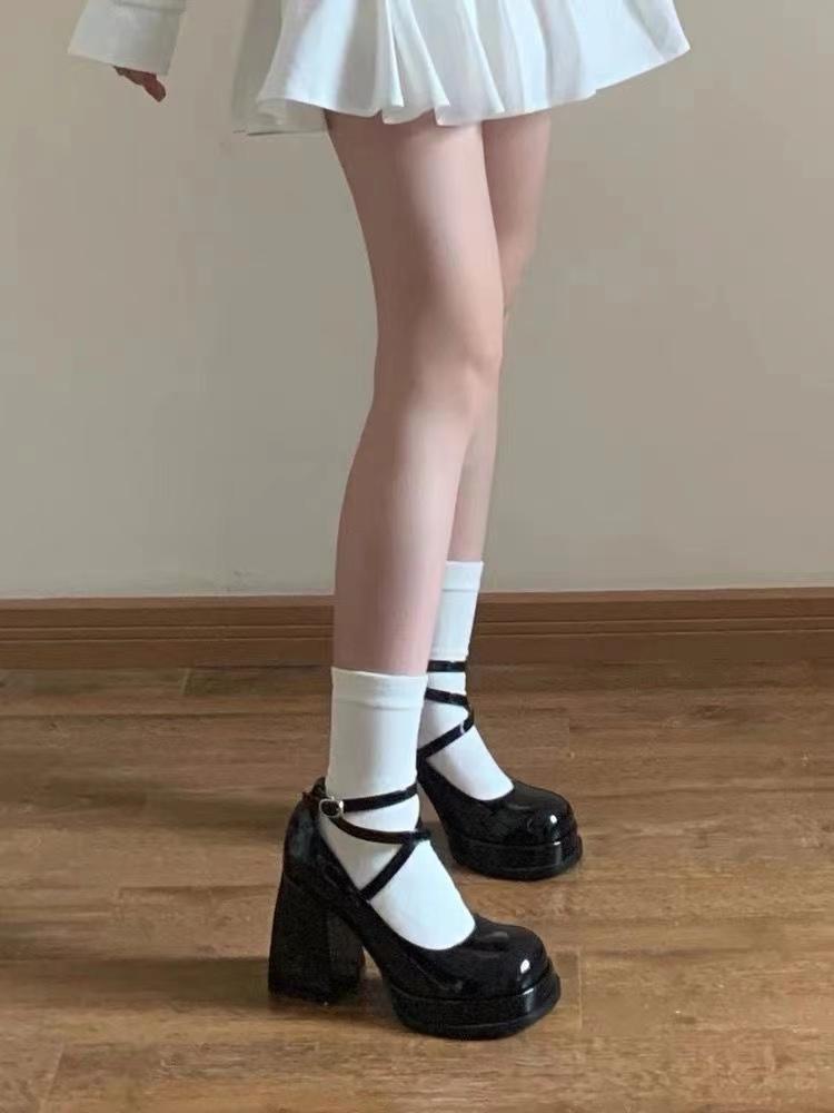 High Heel Thick Bottom Shallow Mouth Leather Shoes With Small Strap