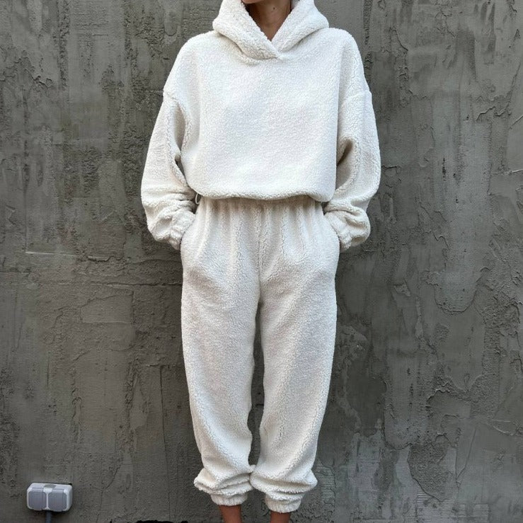 Polar Fleece Round Neck Pullover Long Sleeve Two-piece Set Smart Trousers Suit