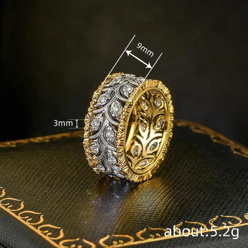 Two-tone Ring Wheat Leaves Delicate Ornament Inlaid Zircon Elegant