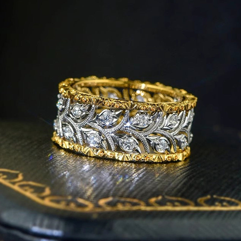 Two-tone Ring Wheat Leaves Delicate Ornament Inlaid Zircon Elegant