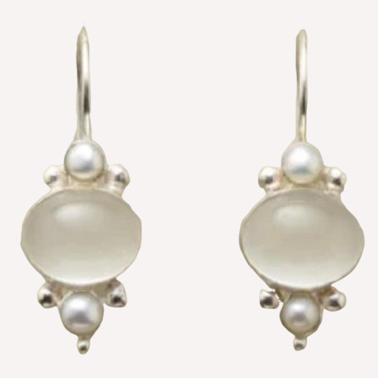Silver Round Crystal Eardrops Retro Creative Ladies Artificial Pearl Earrings