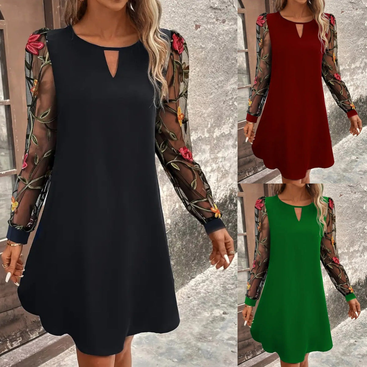 Women's Round Neck Lace Long Sleeve Dress