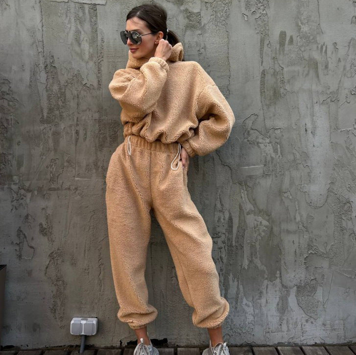 Polar Fleece Round Neck Pullover Long Sleeve Two-piece Set Smart Trousers Suit