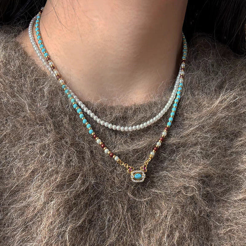Natural Turquoise Pearl Necklace Chinese Style Traditional Clavicle Necklace